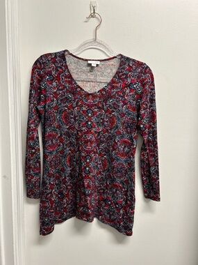 J Jill Paisley V-Neck Long Sleeve Top - Red
